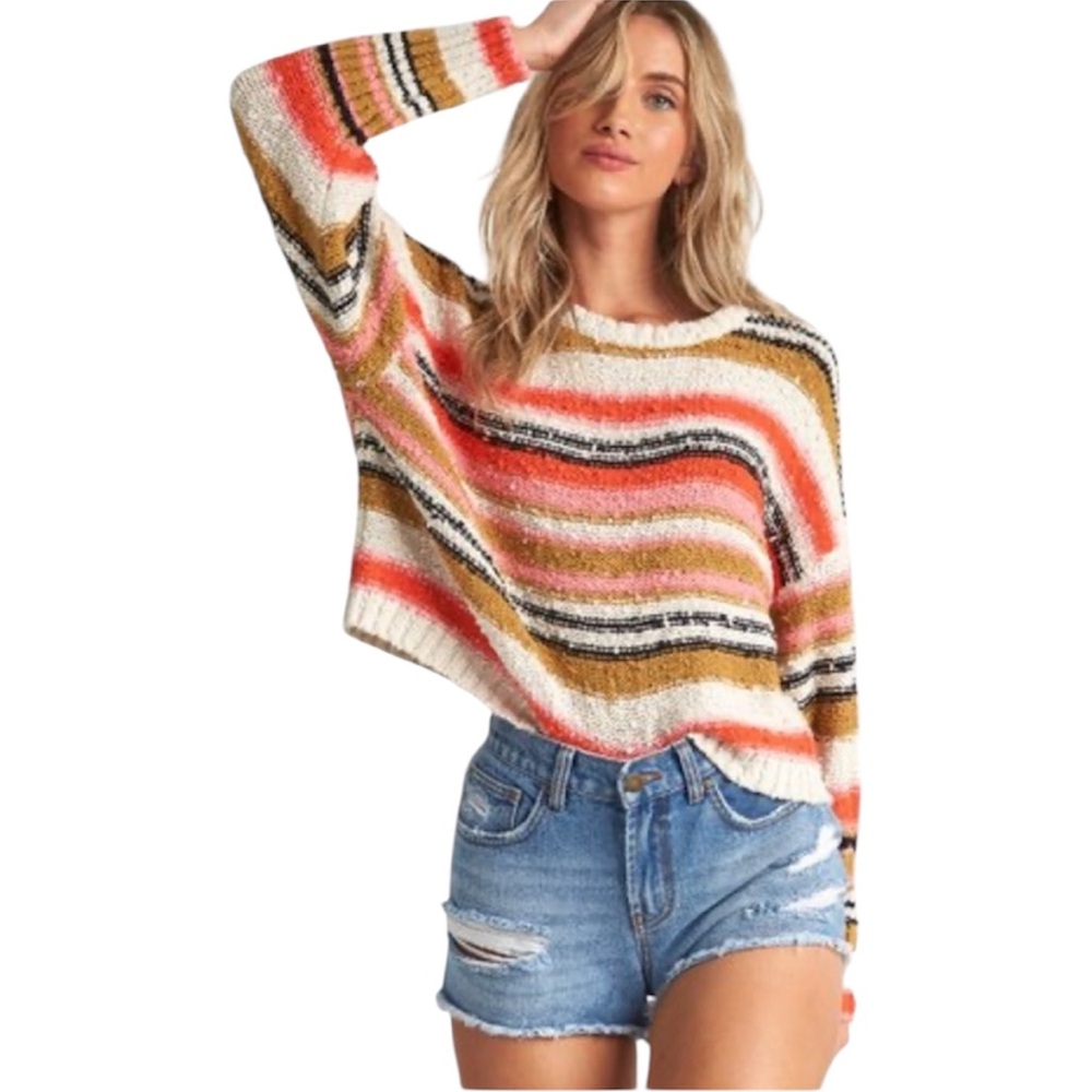 NWT. Billabong Red and Pink Crew Neck Sweater with Ribbed Texture. Size L